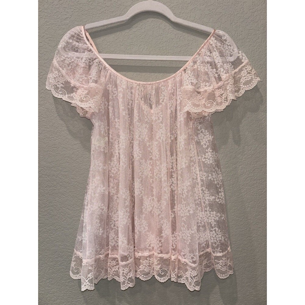 Vintage Tosca Lingerie Pink Sheer Floral Lace Babydoll Nightgown Top Women’s M